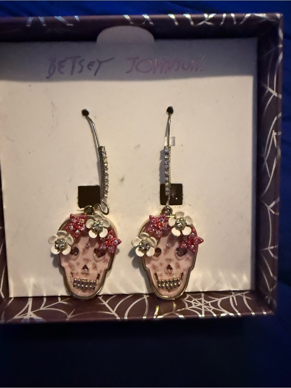 Betsey Johnson Pink Skull & Floral Drop Earrings with Crystal Hooks